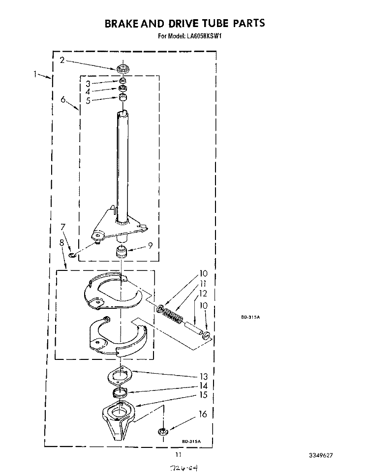 BRAKE AND DRIVE TUBE Diagram and Parts List for LA6058XSW1  Whirlpool Washer