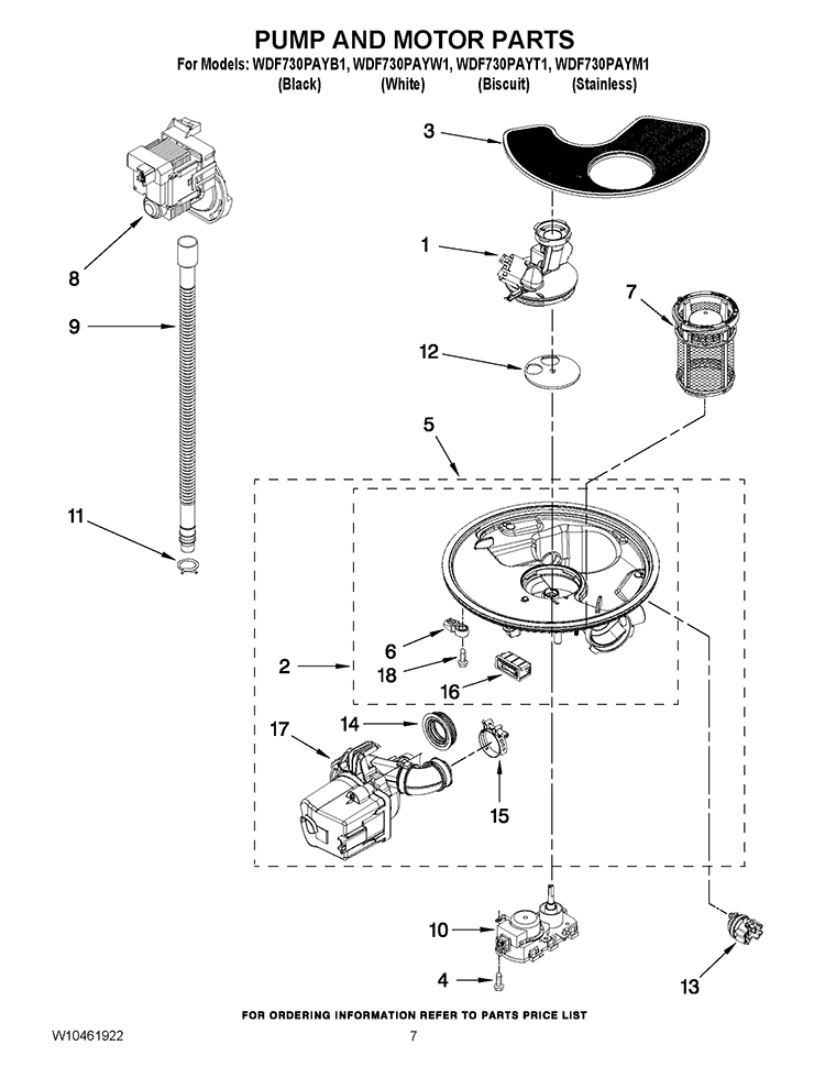 PUMP AND MOTOR PARTS Diagram and Parts List for WDF730PAYT1  Whirlpool Dishwasher