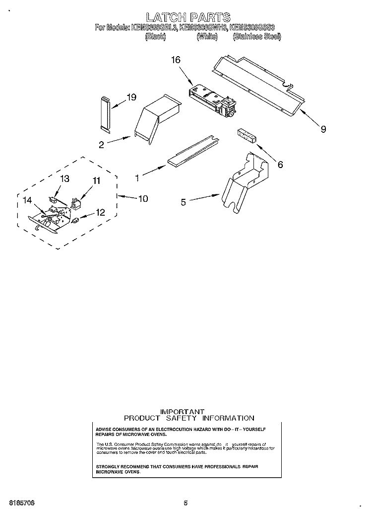 LATCH Diagram and Parts List for KEMS308GSS3  KitchenAid Microwave Oven Combo