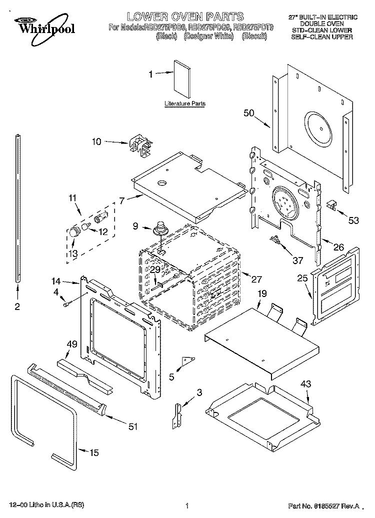 LOWER OVEN, LITERATURE Diagram and Parts List for RBD275PDB9  Whirlpool Wall Oven