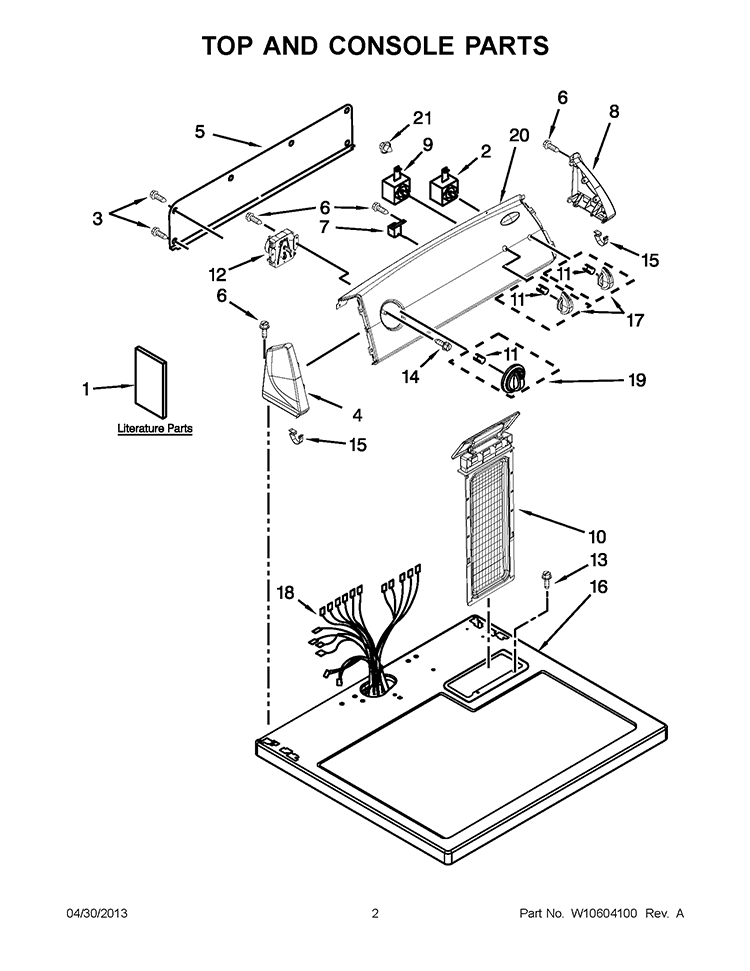 TOP AND CONSOLE PARTS Diagram and Parts List for WED4910XQ2  Whirlpool Dryer