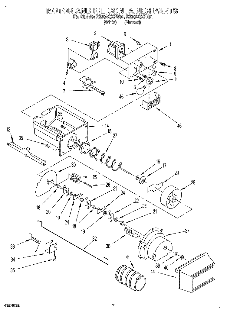 MOTOR AND ICE CONTAINER Diagram and Parts List for RS20AQXFN01  Roper Refrigerator