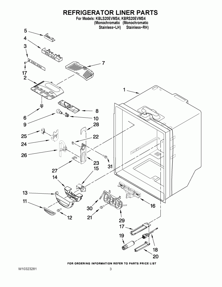 REFRIGERATOR LINER PARTS Diagram and Parts List for KBLS20EVMS4  KitchenAid Refrigerator