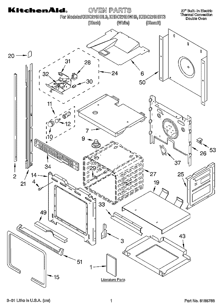 OVEN, LITERATURE Diagram and Parts List for KEBC278HWH3  KitchenAid Wall Oven