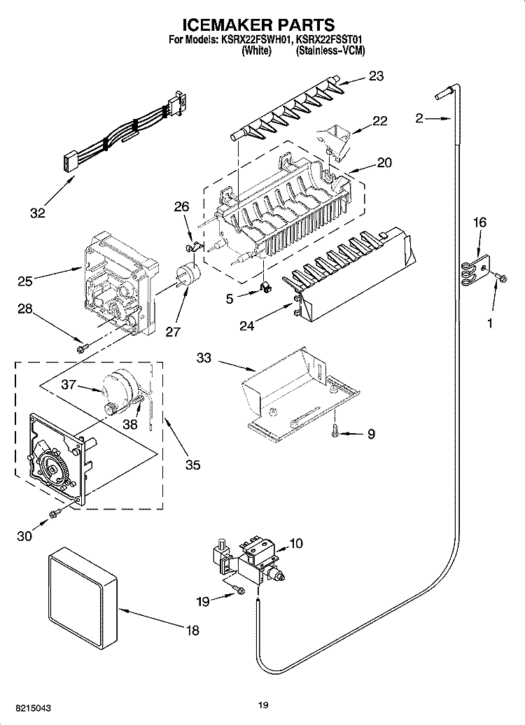 ICEMAKER PARTS Diagram and Parts List for KSRX22FSWH01  KitchenAid Refrigerator