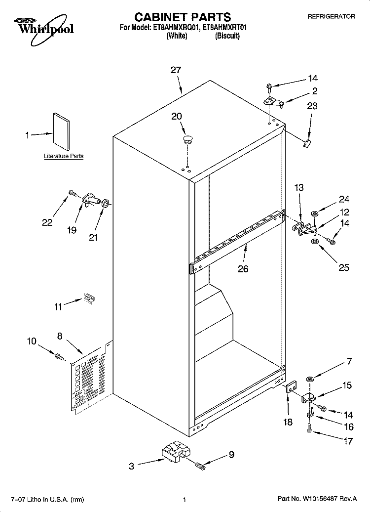 CABINET PARTS Diagram and Parts List for ET8AHMXRT01  Whirlpool Refrigerator