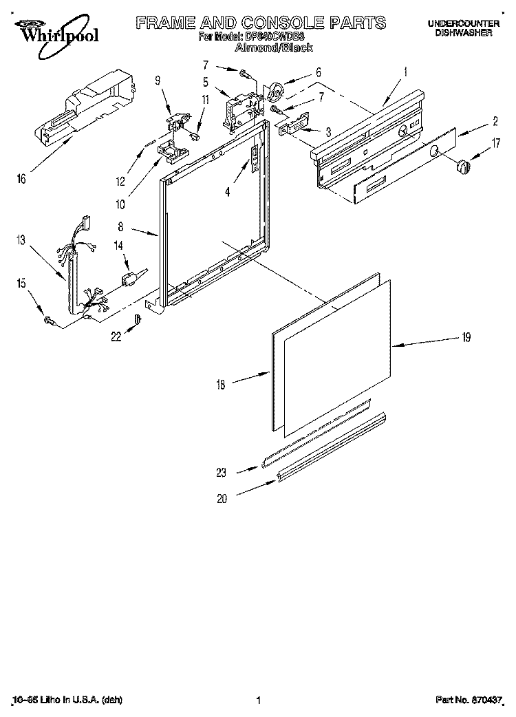 FRAME AND CONSOLE Diagram and Parts List for DP840CWDB3  Whirlpool Dishwasher