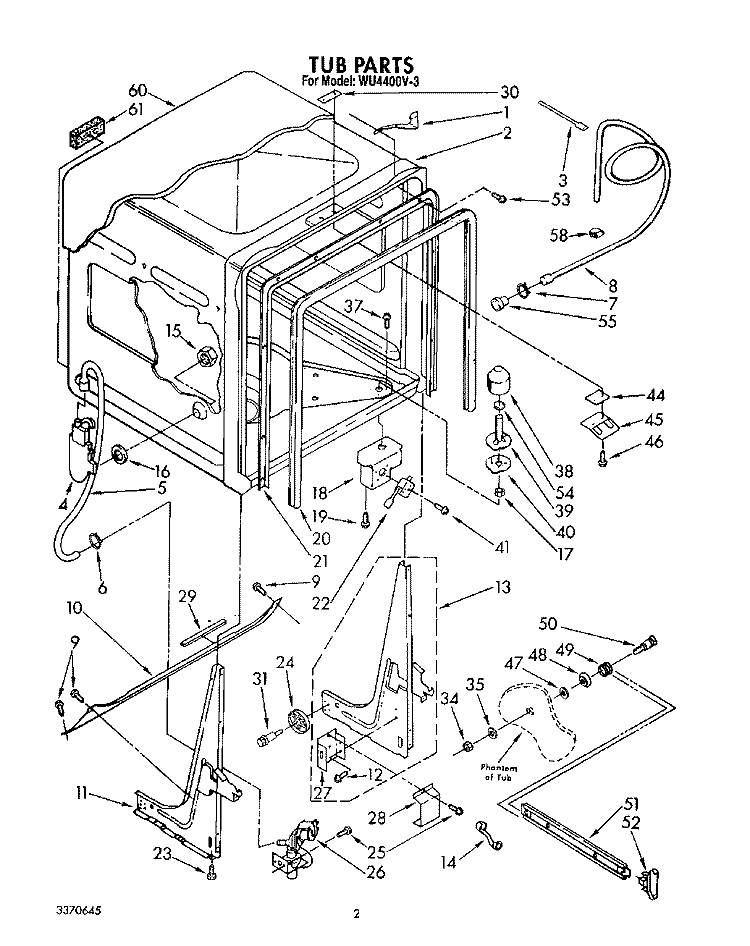 TUB, LIT/OPTIONAL Diagram and Parts List for WU4400V3  Roper Dishwasher