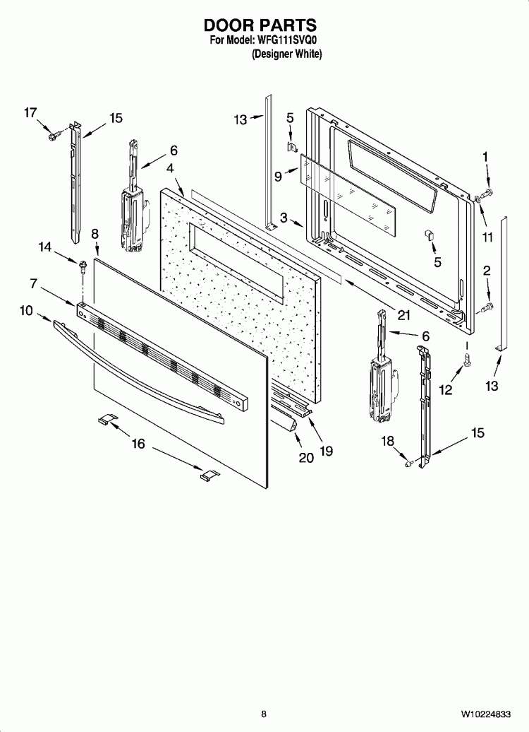 DOOR PARTS, OPTIONAL PARTS (NOT INCLUDED) Diagram and Parts List for WFG111SVQ0  Whirlpool Range