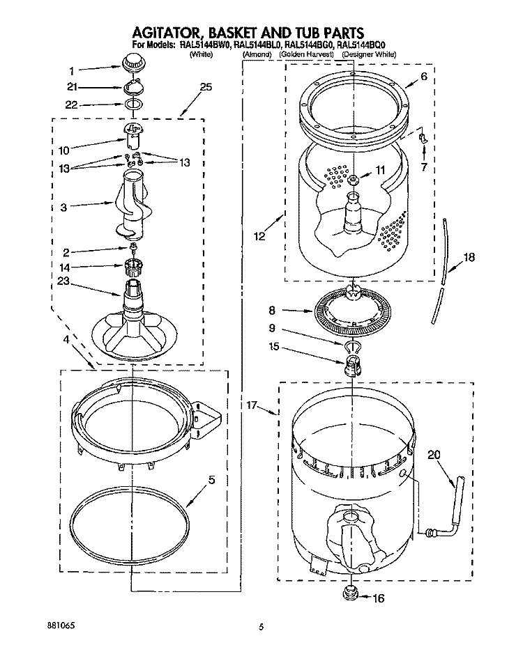 AGITATOR, BASKET AND TUB Diagram and Parts List for RAL5144BQ0  Whirlpool Washer
