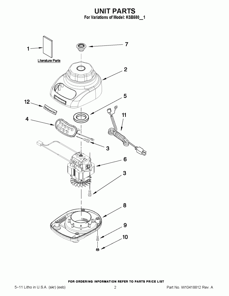 UNIT PARTS Diagram and Parts List for KSB580CR1  KitchenAid Blender