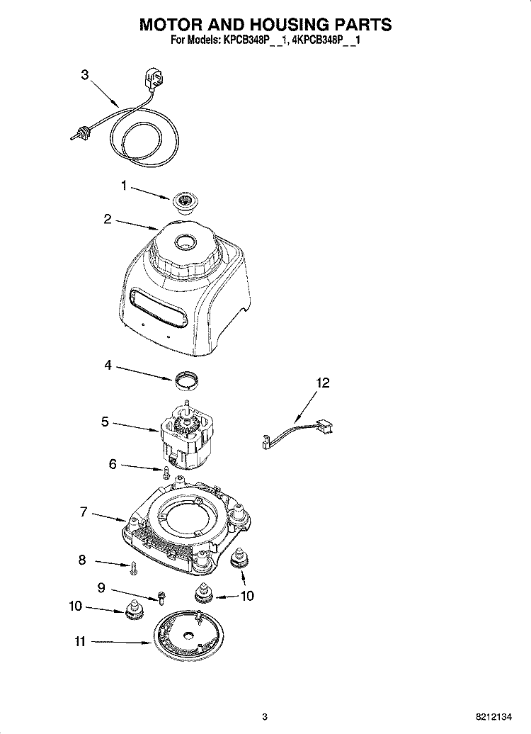MOTOR AND HOUSING PARTS Diagram and Parts List for 4KPCB348PPM1  KitchenAid Blender