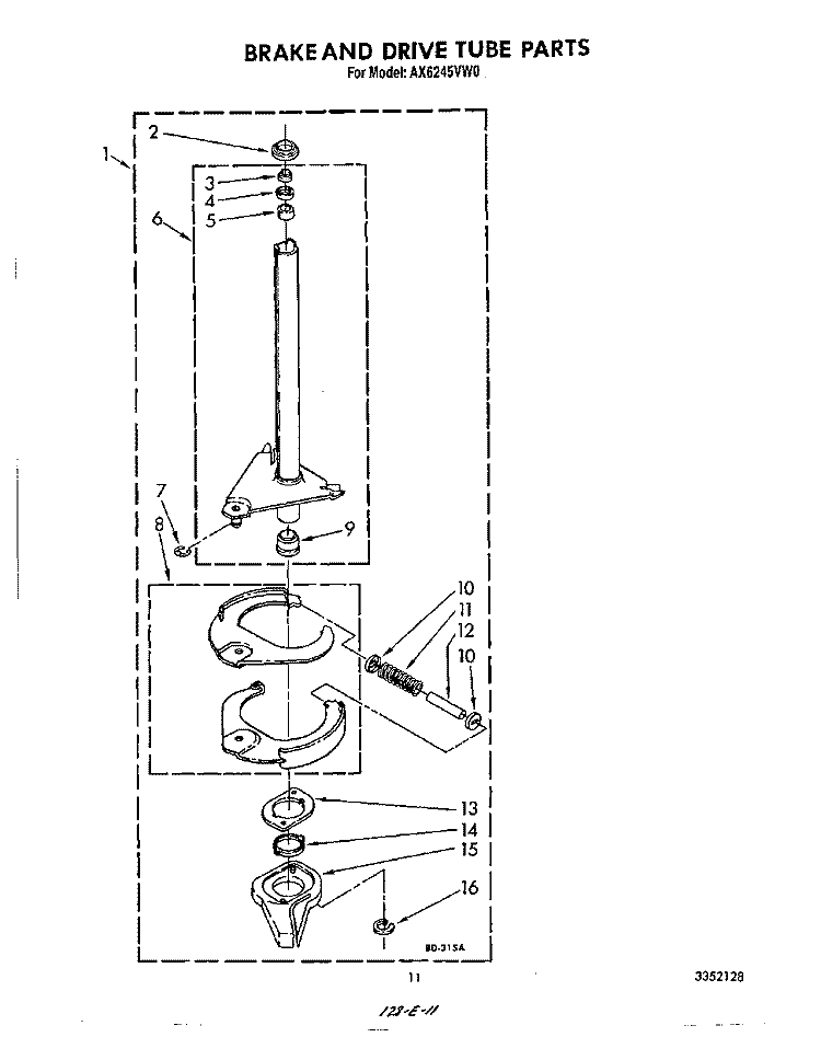 BRAKE AND DRIVE TUBE Diagram and Parts List for AX6245VL0  Whirlpool Washer