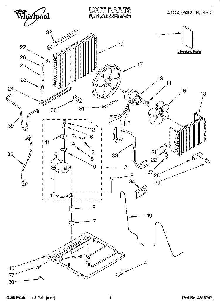 UNIT, LITERATURE Diagram and Parts List for ACM102XG1  Whirlpool Air Conditioner