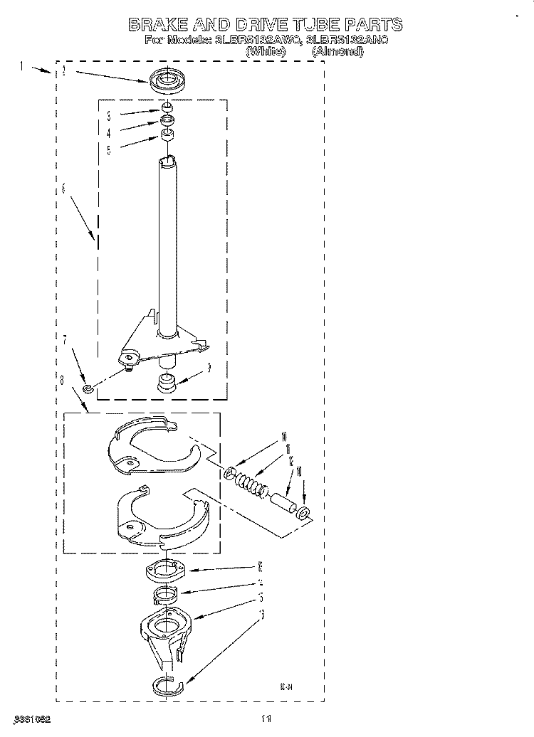BRAKE AND DRIVE TUBE Diagram and Parts List for 3LBR5132AN0  Whirlpool Washer