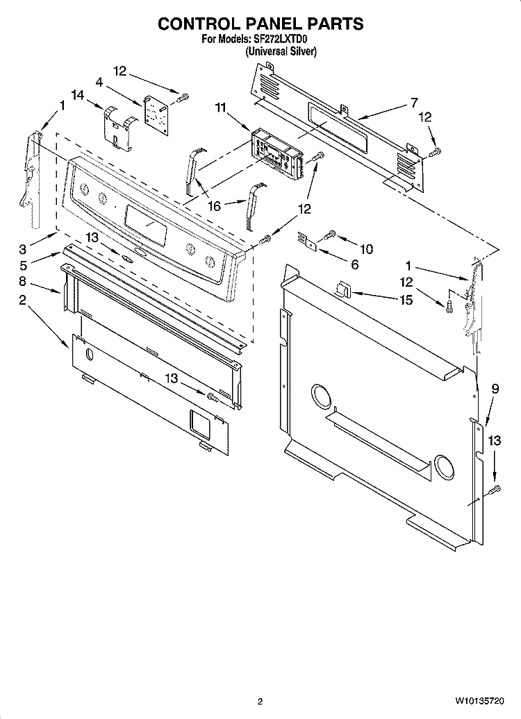CONTROL PANEL PARTS Diagram and Parts List for SF272LXTD0  Whirlpool Range