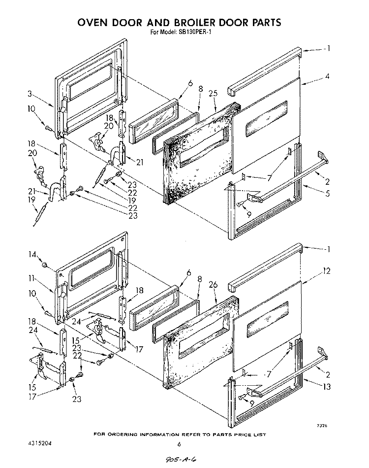 OVEN DOOR AND BROILER DOOR , LITERATURE Diagram and Parts List for SB130PER1  Whirlpool Range