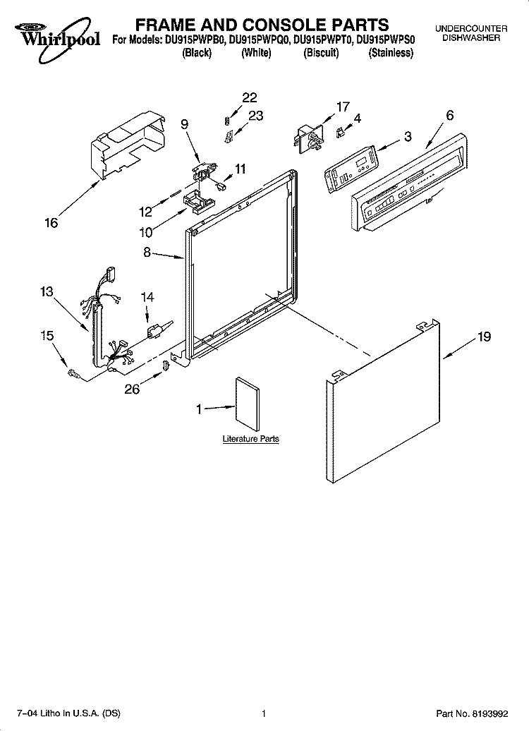 FRAME AND CONSOLE PARTS Diagram and Parts List for DU915PWPS0  Whirlpool Dishwasher