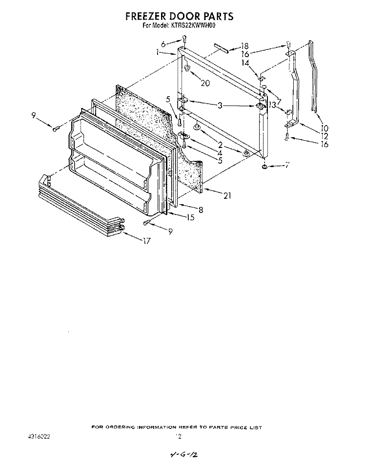 FREEZER DOOR Diagram and Parts List for KTRS22KWAL00  KitchenAid Refrigerator