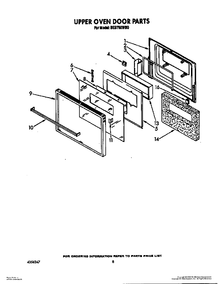 UPPER OVEN DOOR Diagram and Parts List for BES750WB0  Roper Range