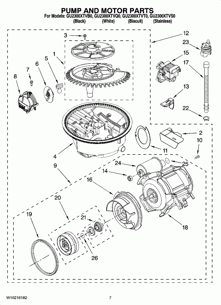 PUMP AND MOTOR PARTS Diagram and Parts List for GU2300XTVQ0  Whirlpool Dishwasher