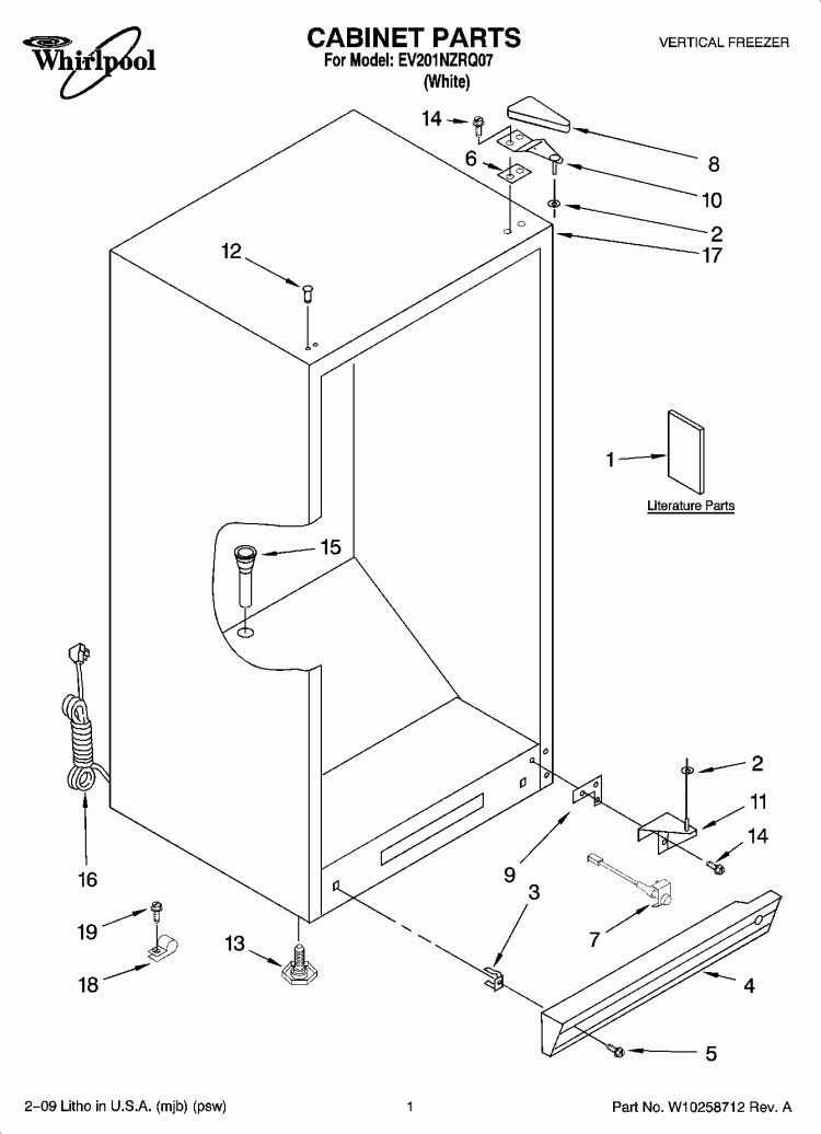 CABINET PARTS Diagram and Parts List for EV201NZRQ07  Whirlpool Freezer