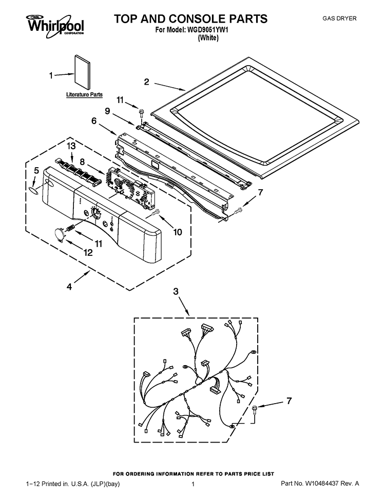 TOP AND CONSOLE PARTS Diagram and Parts List for WGD9051YW1  Whirlpool Dryer
