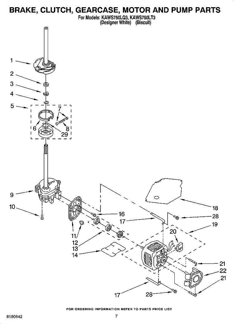 BRAKE, CLUTCH, GEARCASE, MOTOR AND PUMP PARTS Diagram and Parts List for KAWS750LT3  KitchenAid Washer