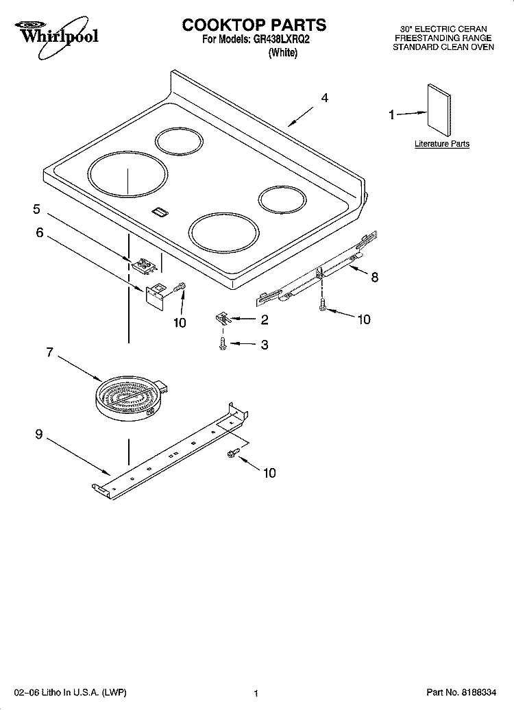 COOKTOP PARTS Diagram and Parts List for GR438LXRQ2  Whirlpool Range