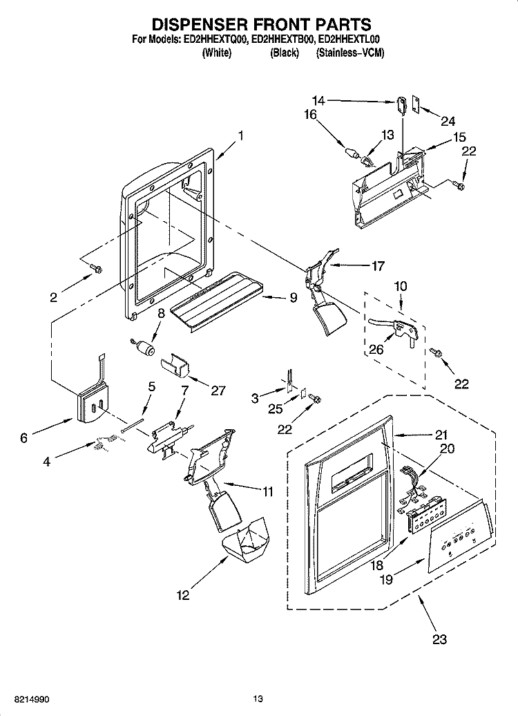 DISPENSER FRONT PARTS Diagram and Parts List for ED2HHEXTL00  Whirlpool Refrigerator