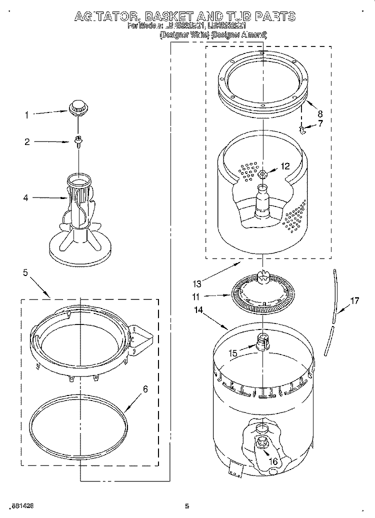 AGITATOR, BASKET & TUB Diagram and Parts List for LBR5232EQ1  Whirlpool Washer