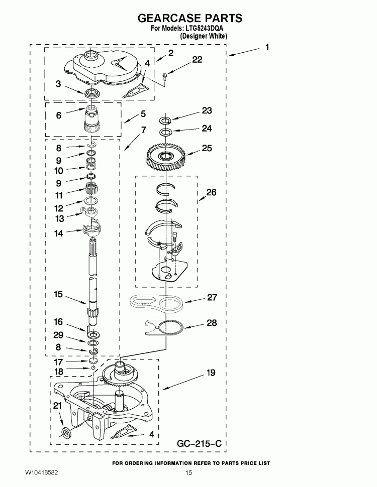 GEARCASE PARTS Diagram and Parts List for LTG5243DQA  Whirlpool Washer Dryer Combo