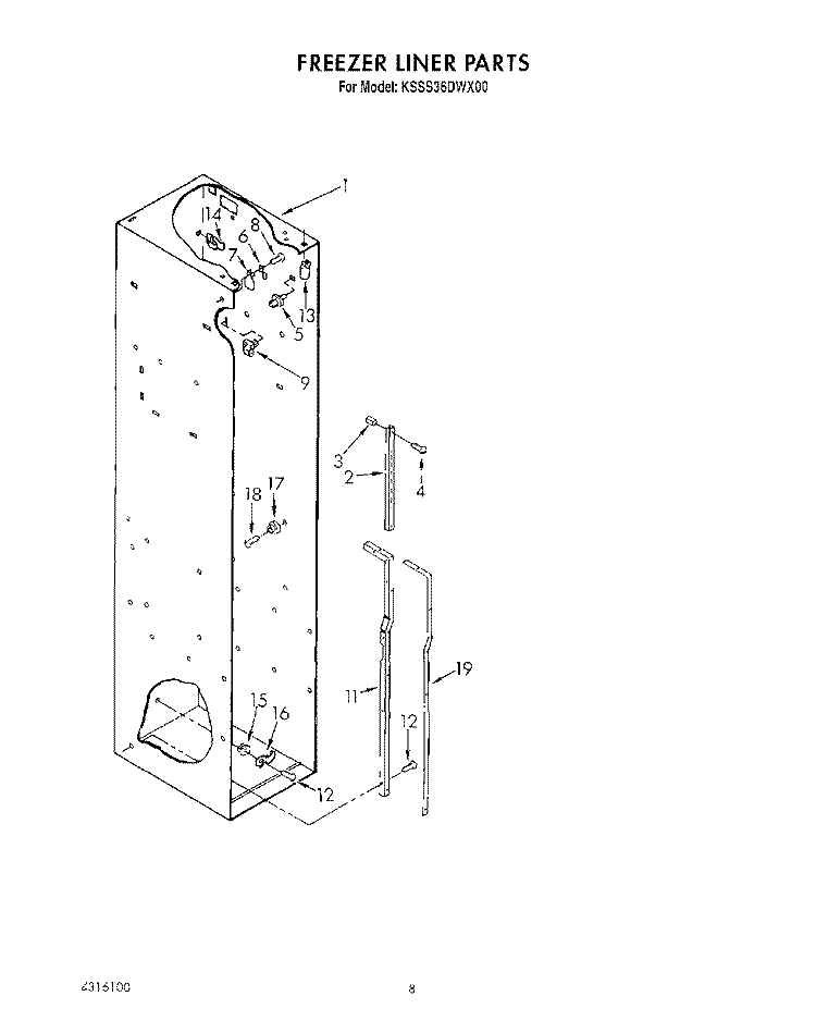 FREEZER LINER Diagram and Parts List for KSSS36DWX00  KitchenAid Refrigerator