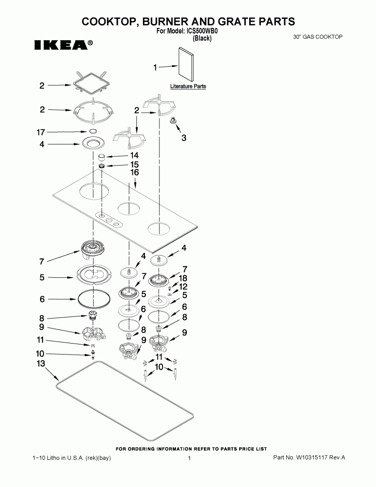 COOKTOP, BURNER AND GRATE PARTS Diagram and Parts List for ICS500WB0  Whirlpool Cooktop