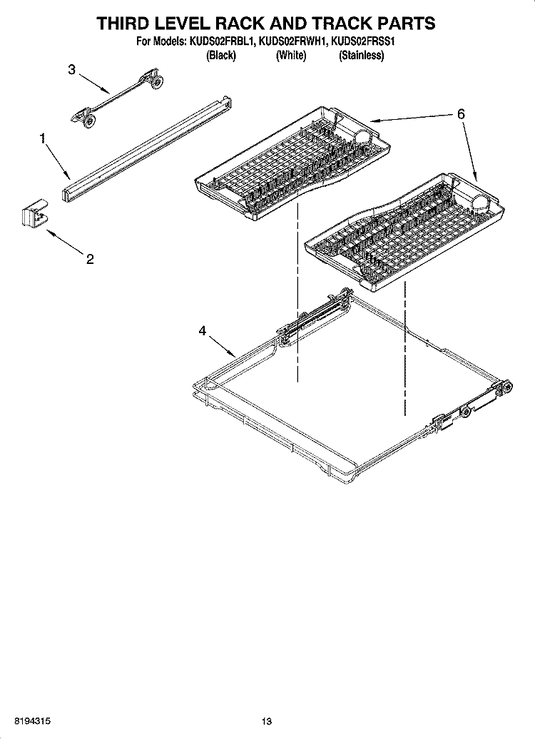 THIRD LEVEL RACK AND TRACK PARTS Diagram and Parts List for KUDS02FRWH1  KitchenAid Dishwasher