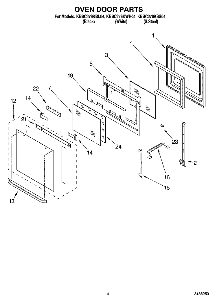 OVEN DOOR PARTS Diagram and Parts List for KEBC276KWH04  KitchenAid Wall Oven