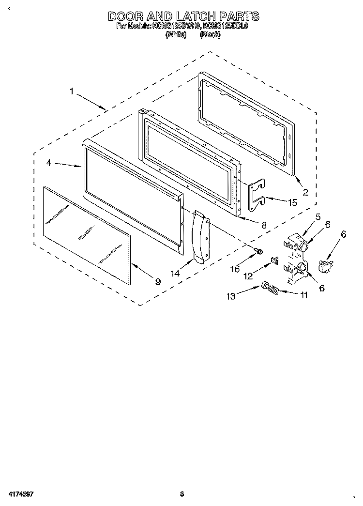 DOOR AND LATCH Diagram and Parts List for KCMG125DWH0  KitchenAid Microwave