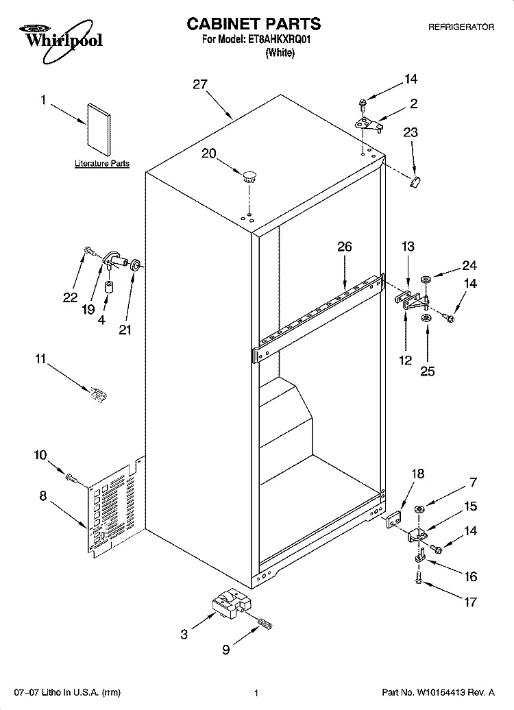 CABINET PARTS Diagram and Parts List for ET8AHKXRQ01  Whirlpool Refrigerator