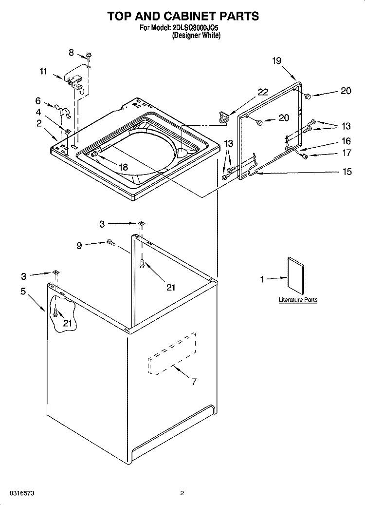 TOP AND CABINET PARTS Diagram and Parts List for 2DLSQ8000JQ5  Whirlpool Washer