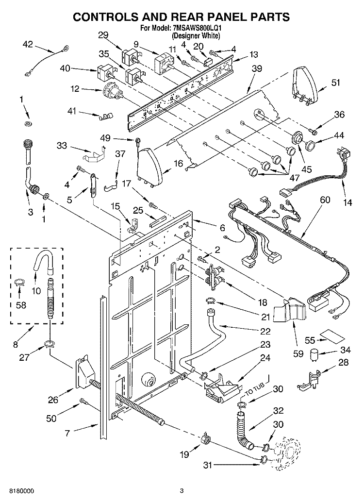 CONTROLS AND REAR PANEL PARTS Diagram and Parts List for 7MSAWS800LQ1  Whirlpool Washer