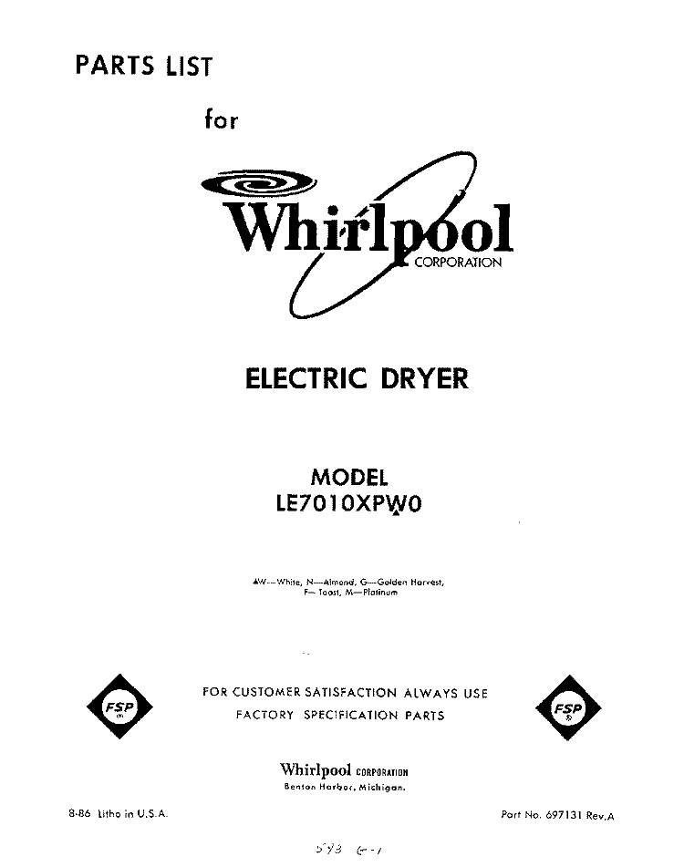 SECTION Diagram and Parts List for LE7010XPW0  Whirlpool Dryer