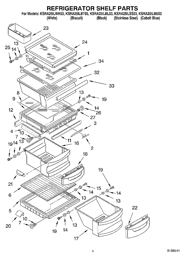 REFRIGERATOR SHELF PARTS Diagram and Parts List for KSRA25ILBT03  KitchenAid Refrigerator