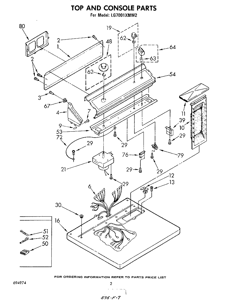 TOP AND CONSOLE , LITERATURE AND OPTIONAL Diagram and Parts List for LG7001XMW2  Whirlpool Dryer