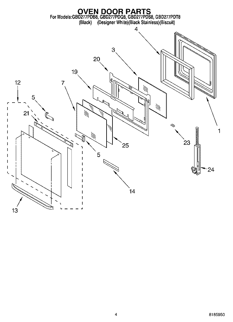 OVEN DOOR Diagram and Parts List for GBD277PDS8  Whirlpool Wall Oven