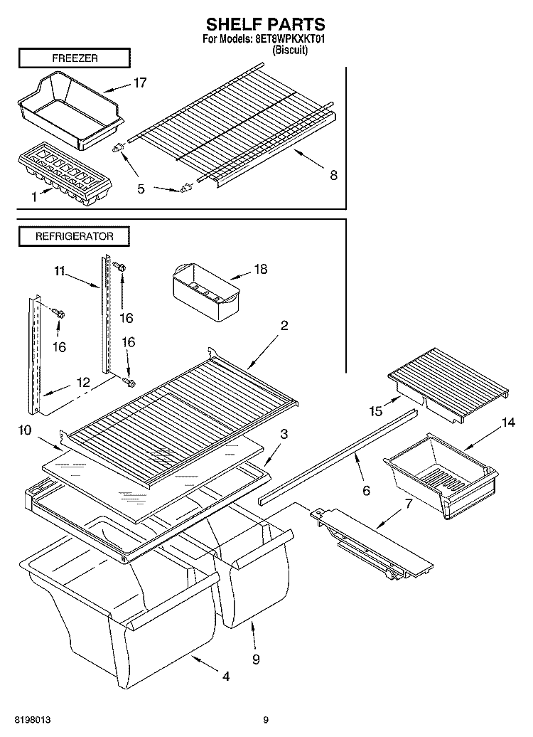 SHELF, OPTIONAL Diagram and Parts List for 8ET8WPKXKT01  Whirlpool Refrigerator