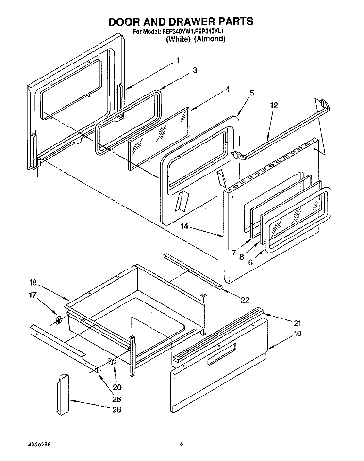 DOOR AND DRAWER Diagram and Parts List for FEP340YW1  Roper Range