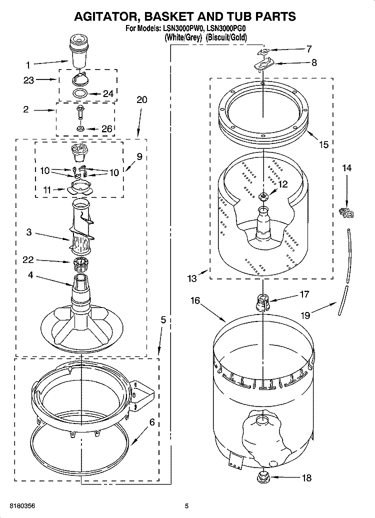 AGITATOR, BASKET AND TUB PARTS Diagram and Parts List for LSN3000PW0  Whirlpool Washer