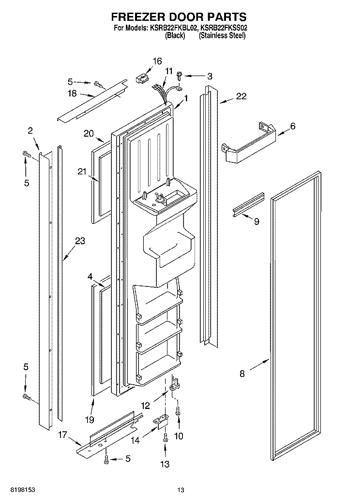FREEZER DOOR Diagram and Parts List for KSRB22FKBL02  KitchenAid Refrigerator