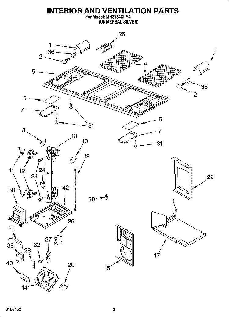 INTERIOR AND VENTILATION PARTS Diagram and Parts List for MH3184XPY4  Whirlpool Microwave