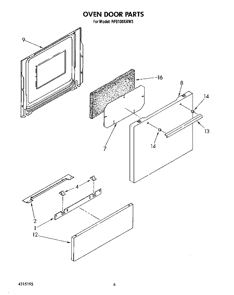OVEN DOOR Diagram and Parts List for RF0100XRW3  Whirlpool Range